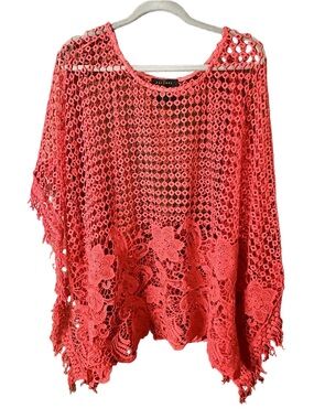 Jolibel Coral Crochet Floral Fringe Poncho Sweater Kaftan Coverup Sz Large